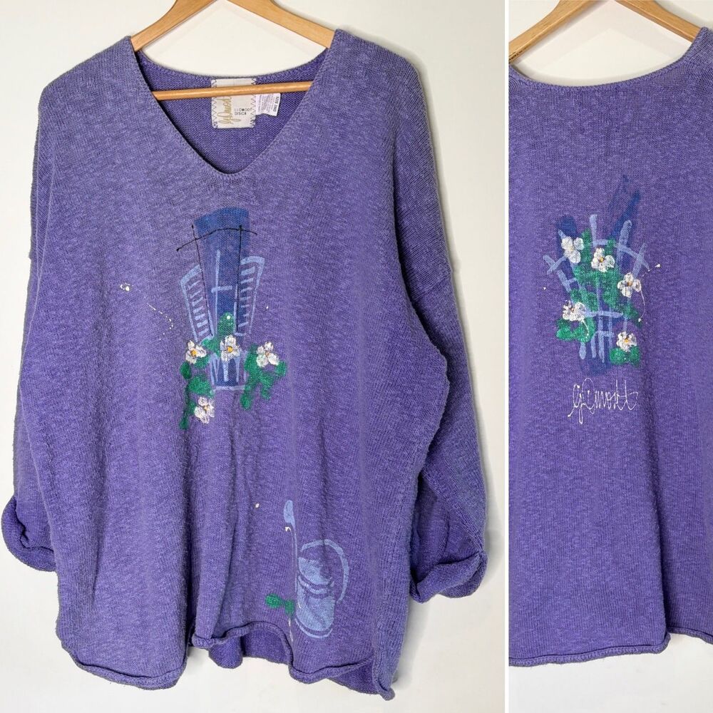 LJ Omodt Hand Painted Art to Wear Sweatshirt Purple Cottagecore Women OSFM